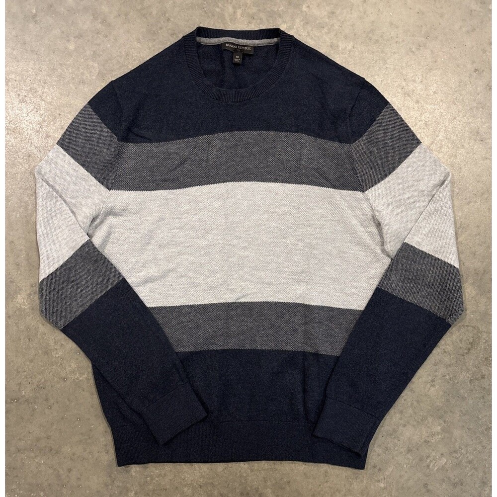 NWOT Banana Republic Sweater Mens Medium Navy Blue Gray Stripes Pullover